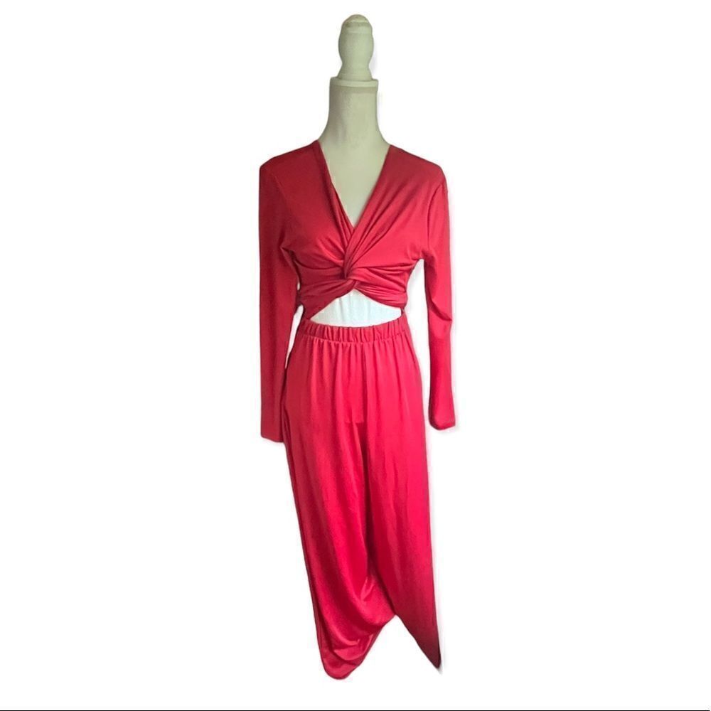 ZAFIRA SASHA SELF TIE CONVERTIBLE LONG SLEEVE WIDE LEG JUMPSUIT HIBISCUS RED S